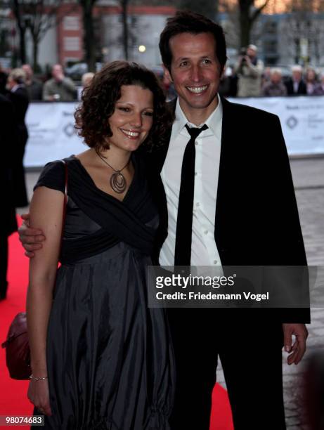 Helmar Weitzel and his wife poses at the Adolf Grimme Awards on March 26, 2010 in Marl, Germany. Helmar Weitzel received the award for his children's...