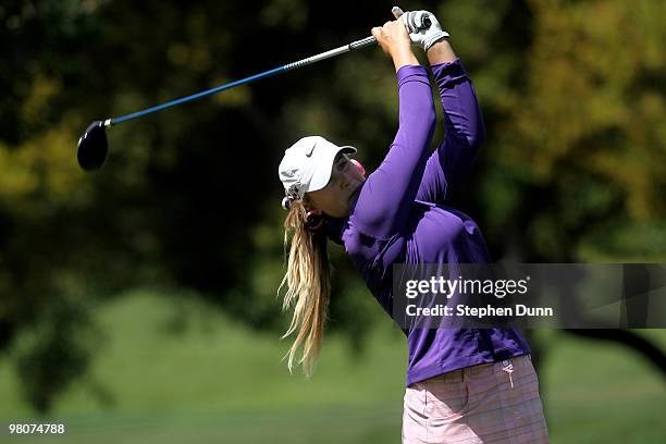 Amanda Blumenherst hits her tee shot on the fourth hole during the second round of the Kia Classic Presented by J Golf at La Costa Resort and Spa on...