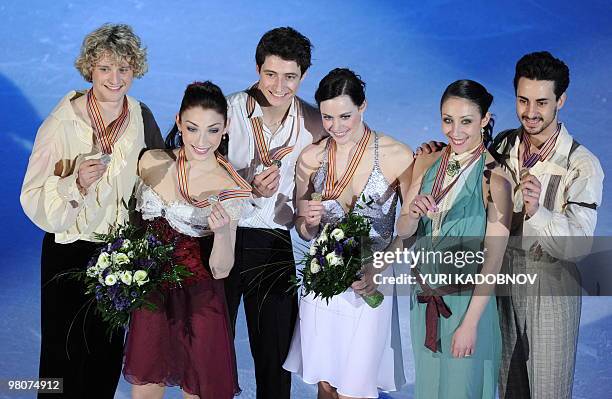 Gold medalists Canada's Tessa Virtue and Scott Moir , silver medalists US Meryl Davis and Charlie White and bronze medalists Italy's Federica Faiella...