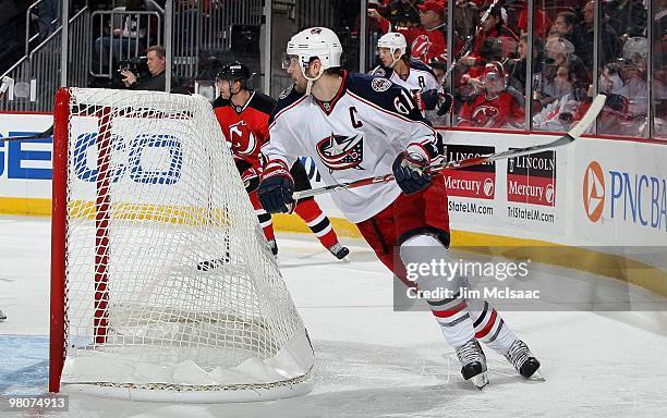 Rick Nash of the Columbus Blue Jackets skates against the New Jersey Devils at the Prudential Center on March 23, 2010 in Newark, New Jersey. The...