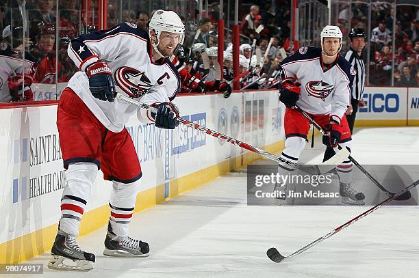 Rick Nash of the Columbus Blue Jackets skates against the New Jersey Devils at the Prudential Center on March 23, 2010 in Newark, New Jersey. The...