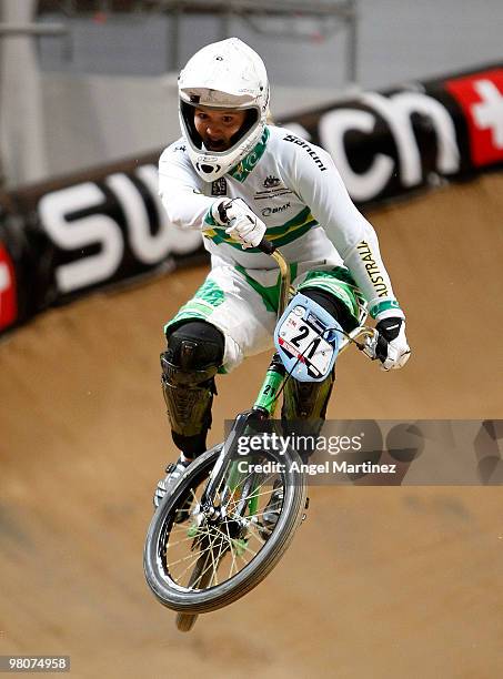 Lauren Reynolds of Australia during the Elite Women practice session on day one during the UCI BMX Supercross World Cup at Palacio Deportes on March...