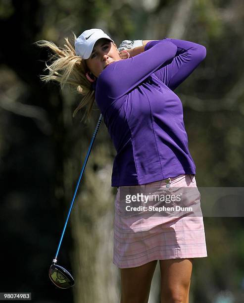 Amanda Blumenherst hits her tee shot on the seventh hole during the second round of the Kia Classic Presented by J Golf at La Costa Resort and Spa on...