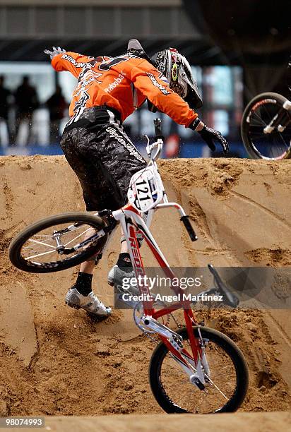 Raymon van der Biezen of Netherlands during the Elite Men practice session on day one during the UCI BMX Supercross World Cup at Palacio Deportes on...
