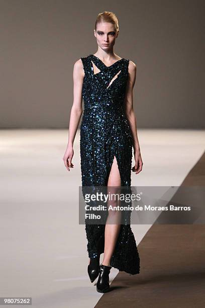 Model walks the runway during the Elie Saab Ready to Wear show as part of the Paris Womenswear Fashion Week Fall/Winter 2011 at Espace Ephemere...