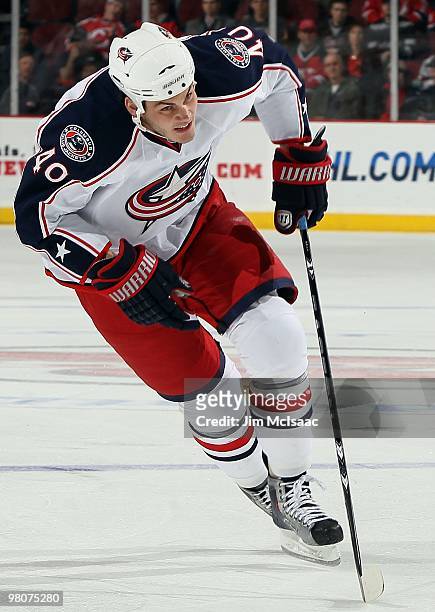 Jared Boll of the Columbus Blue Jackets skates against the New Jersey Devils at the Prudential Center on March 23, 2010 in Newark, New Jersey. The...