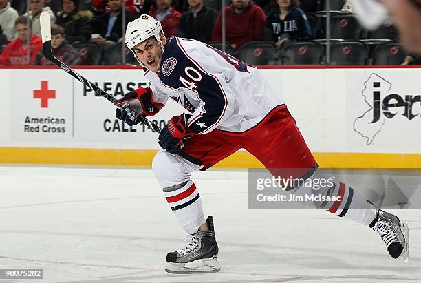 Jared Boll of the Columbus Blue Jackets skates against the New Jersey Devils at the Prudential Center on March 23, 2010 in Newark, New Jersey. The...