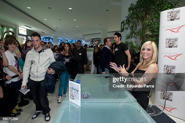 Singer Edurne signs autographs during the presentation photocall of her new album 'Nueva Piel' at the La Vaguada mall on March 26, 2010 in Madrid,...