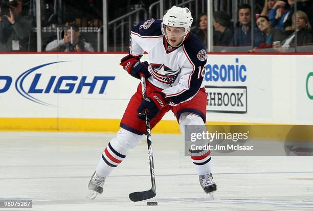 Derick Brassard of the Columbus Blue Jackets skates against the New Jersey Devils at the Prudential Center on March 23, 2010 in Newark, New Jersey....