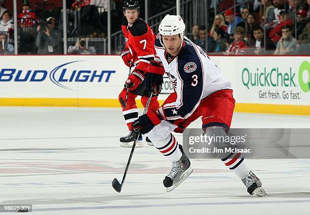 Marc Methot of the Columbus Blue Jackets skates against the New Jersey Devils at the Prudential Center on March 23, 2010 in Newark, New Jersey. The...