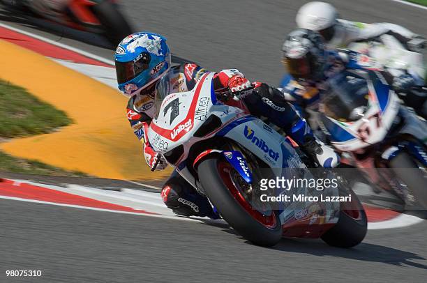 Carlos Checa of Spain and Althea Racing rounds the bend during the first qualifying practice of the Superbike World Championship round two at Algarve...