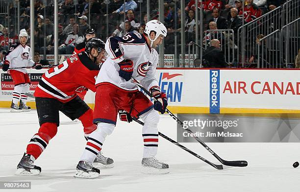 Fedor Tyutin of the Columbus Blue Jackets skates against the New Jersey Devils at the Prudential Center on March 23, 2010 in Newark, New Jersey. The...