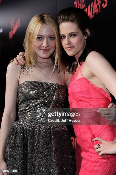 Actresses Dakota Fanning and Kristen Stewart arrive at the Los Angeles Premiere of The Runaways presented by Apparition and KLIPSCH at ArcLight...