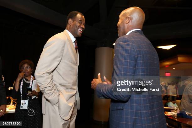 Legends Bruce Bowen and David Robinson are seen during the NBA Draft Reception at the 40/40 Club on June 21, 2018 at Barclays Center in Brooklyn, New...
