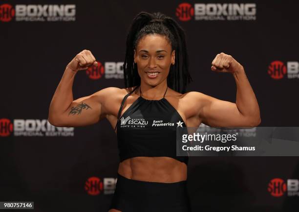 Hanna Gabriels of Costa Rica makes weight during her official weigh-in at the Masonic Temple Theater on June 21, 2018 in Detroit, Michigan. Gabriels...