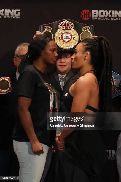 Claressa Shields and Hanna Gabriels face off after their weigh-in prior to their IBF and WBA Middleweight World Championship at the Masonic Temple...