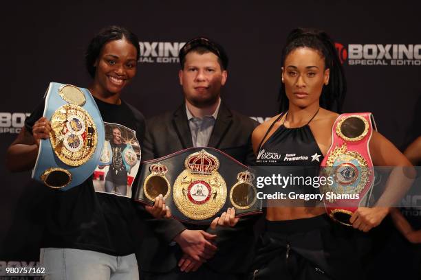 Claressa Shields and Hanna Gabriels of Costa Rica pose together after their weigh-in prior to their IBF and WBA Middleweight World Championship at...