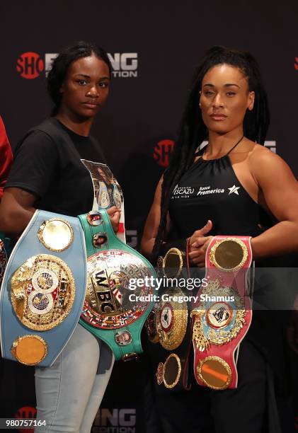 Claressa Shields and Hanna Gabriels pose together after their weigh-in prior to their IBF and WBA Middleweight World Championship at the Masonic...