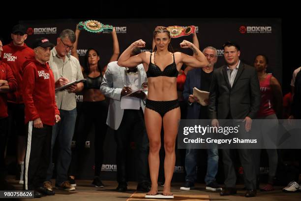 Christina Hammer of Germany makes weight during her official weigh-in at the Masonic Temple Theater on June 21, 2018 in Detroit, Michigan. Hammer...
