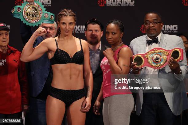 Christina Hammer of Germany and Tori Nelson pose together after their weigh-in prior to their WBC and WBO Middleweight World Championship at the...