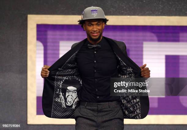 Marvin Bagley III poses after being drafted second overall by the Sacramento Kings during the 2018 NBA Draft at the Barclays Center on June 21, 2018...