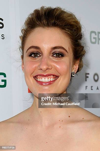 Actress Greta Gerwig arrives at the Los Angeles Premiere of "Greenberg" at ArcLight Cinemas on March 18, 2010 in Hollywood, California.