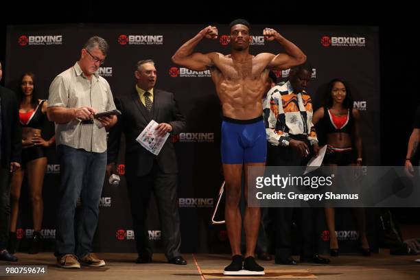 Brian Howard makes weight during his official weigh-in at the Masonic Temple Theater on June 21, 2018 in Detroit, Michigan. Howard will fight Umar...