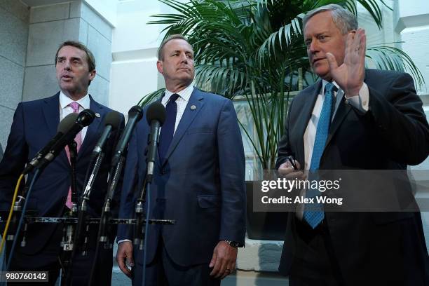 Rep. Mark Walker , Rep. Jeff Denham and Rep. Mark Meadows make a statement to members of the media after a House Republican closed door meeting on...