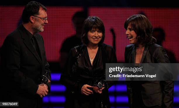 Nikolaus Leytner, Franziska Walser and Desiree Nosbusch poses at the Adolf Grimme Awards on March 26, 2010 in Marl, Germany. Nikolaus Leytner and...