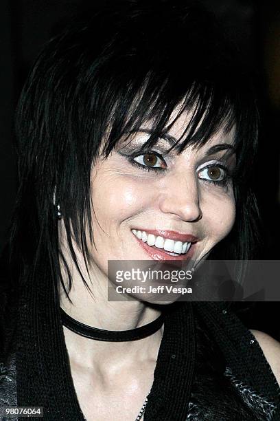 Singer Joan Jett arrives at the Los Angeles Premiere of The Runaways presented by Apparition and KLIPSCH at ArcLight Cinemas Cinerama Dome on March...