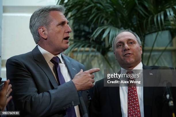 House Majority Leader Rep. Kevin McCarthy and House Majority Whip Rep. Steve Scalise speak to members of the media after a House Republican closed...