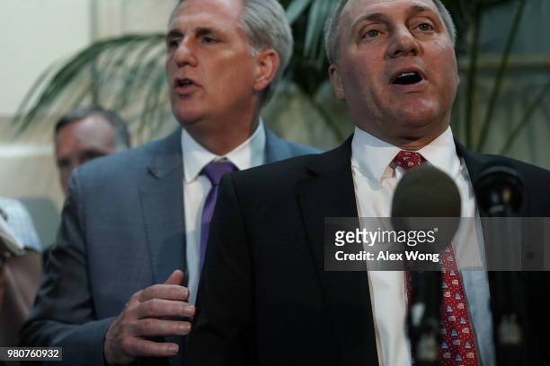 House Majority Leader Rep. Kevin McCarthy and House Majority Whip Rep. Steve Scalise speak to members of the media after a House Republican closed...