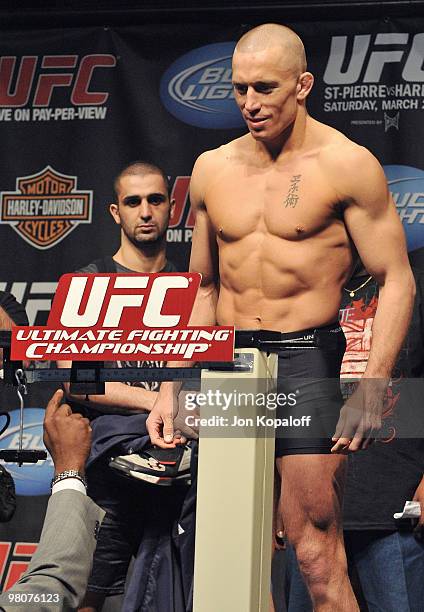 Fighter Georges St-Pierre weighs in for his fight against UFC fighter Dan Hardy for the Championship Welterweight fight at UFC 111: St-Pierre vs....