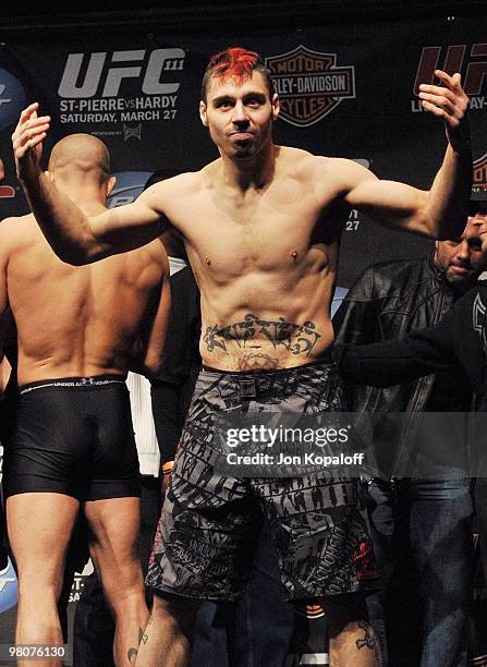 Fighter Dan Hardy weighs in for his fight against UFC fighter Georges St-Pierre for their Championship Welterweight fight at UFC 111: St-Pierre vs....