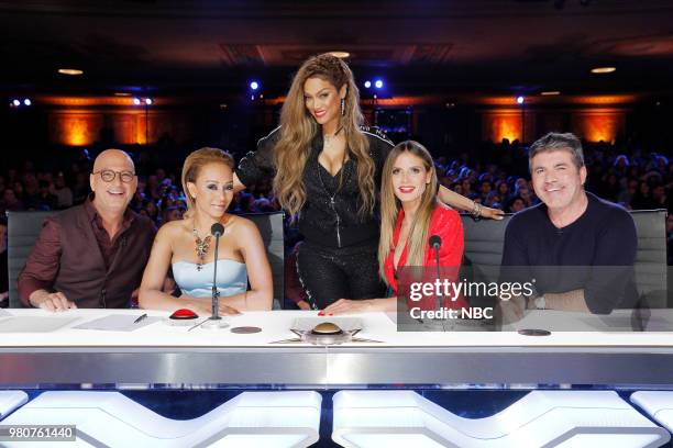 Auditions 4" Episode 1304 -- Pictured: Howie Mandel, Mel B, Tyra Banks, Heidi Klum, Simon Cowell --