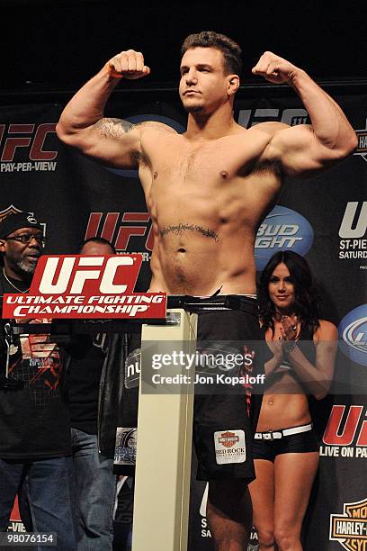 Fighter Frank Mir weighs in for his fight against UFC fighter Shane Carwin for their Interim Championship Heavyweight fight at UFC 111: St-Pierre vs....