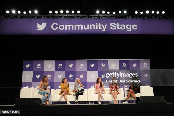 Olivia Jade, Adelaine Morin, Eva Gutowski, Meg DeAngelis,Rosanna Pansino and Chrystina Woody Train speak onstage during the 'Where my Girls At' panel...