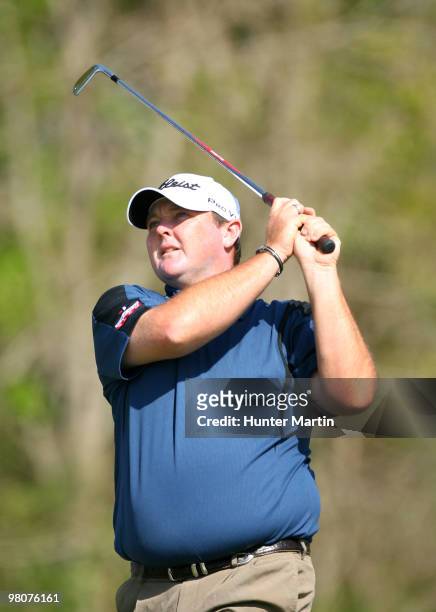 Jarrod Lyle of Australia hits his tee shot on the 11th hole during the second round of the Chitimacha Louisiana Open at Le Triomphe Country Club on...