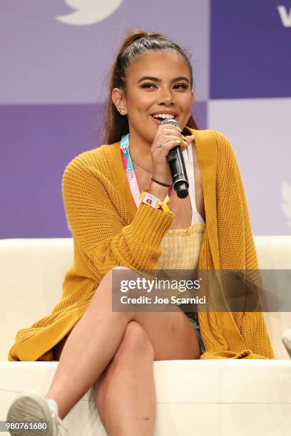 Adelaine Morin speaks onstage during the 'Where my Girls At' panel at the 9th Annual VidCon at Anaheim Convention Center on June 20, 2018 in Anaheim,...