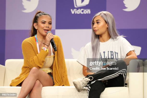 Adelaine Morin and Eva Gutowski aka MyLifeAsEva speak onstage during the 'Where my Girls At' panel at the 9th Annual VidCon at Anaheim Convention...