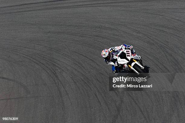 Ruben Xaus of Spain and BMW Motorrad Motorsport rounds the bend during the first qualifying practice of the Superbike World Championship round two at...