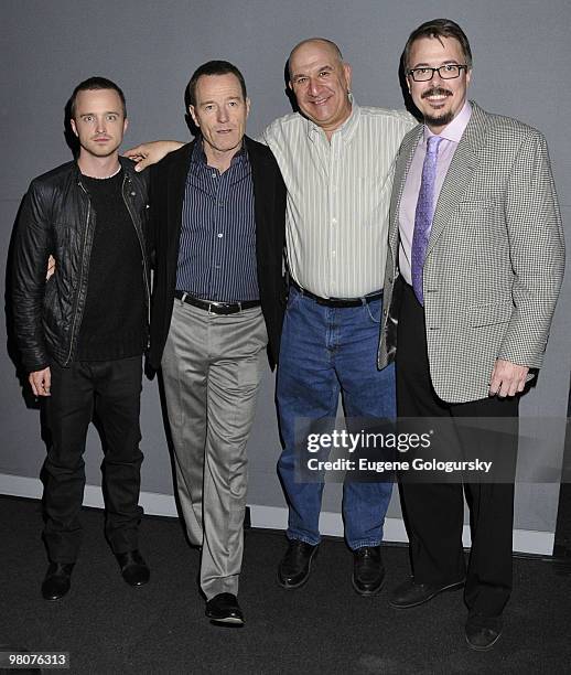 Aaron Paul, Bryan Cranston, Michael Slovis and producer Vince Gilligan visit the Apple Store Soho on March 19, 2010 in New York City.