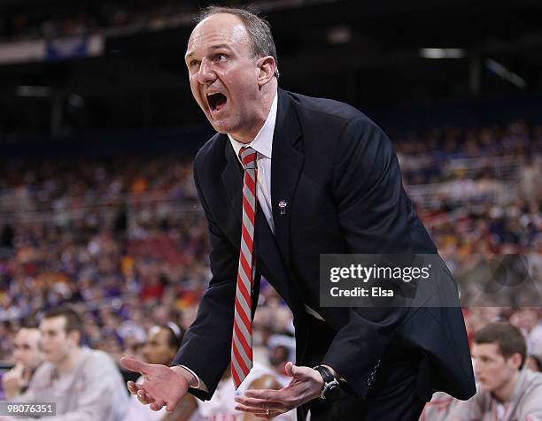 Head coach Thad Matta of the Ohio State Buckeyes reacts to a call against one of his players in the first half against the Tennessee Volunteers...