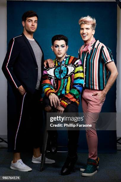 Daniel Preda, Manny MUA, and Joey Graceffa pose for a portrait at the Getty Images Portrait Studio at the 9th Annual VidCon US at Anaheim Convention...