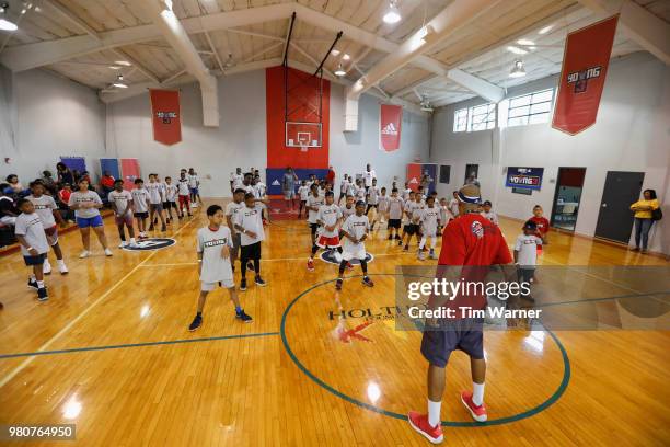 Jerome Williams leads warm up drills during the Young3 Basketball Clinic and Tournament on June 21, 2018 in Houston, Texas.