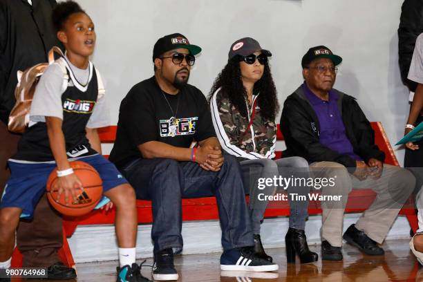 Rap Artist Ice Cube watches action from the sideline during the Young3 Basketball Clinic and Tournament on June 21, 2018 in Houston, Texas.