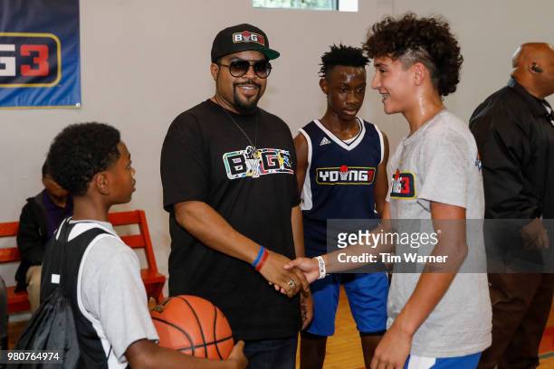 Rap Artist Ice Cube greets players during the Young3 Basketball Clinic and Tournament on June 21, 2018 in Houston, Texas.