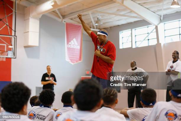 Jerome Williams talks with the participants during the Young3 Basketball Clinic and Tournament on June 21, 2018 in Houston, Texas.