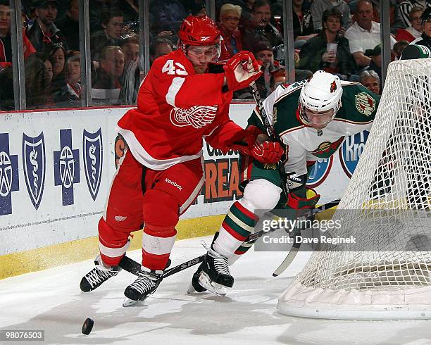 Darren Helm of the Detroit Red Wings and Marek Zidlicky of the Minnesota Wild fight for the loose puck behind the net during an NHL game at Joe Louis...