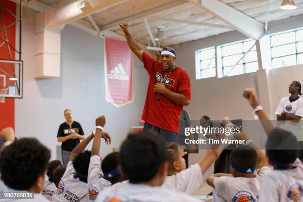 Jerome Williams talks with the participants during the Young3 Basketball Clinic and Tournament on June 21, 2018 in Houston, Texas.
